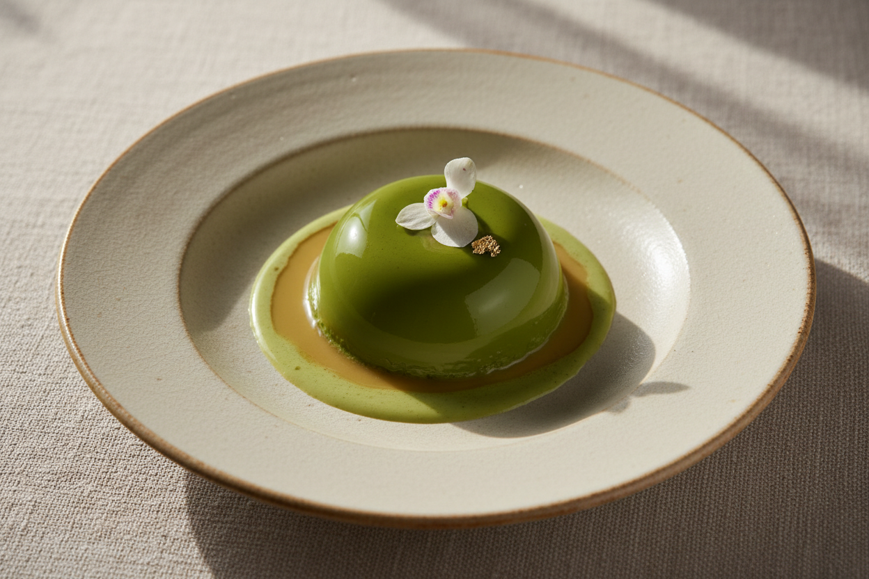 Matcha pudding in the plate/bowl